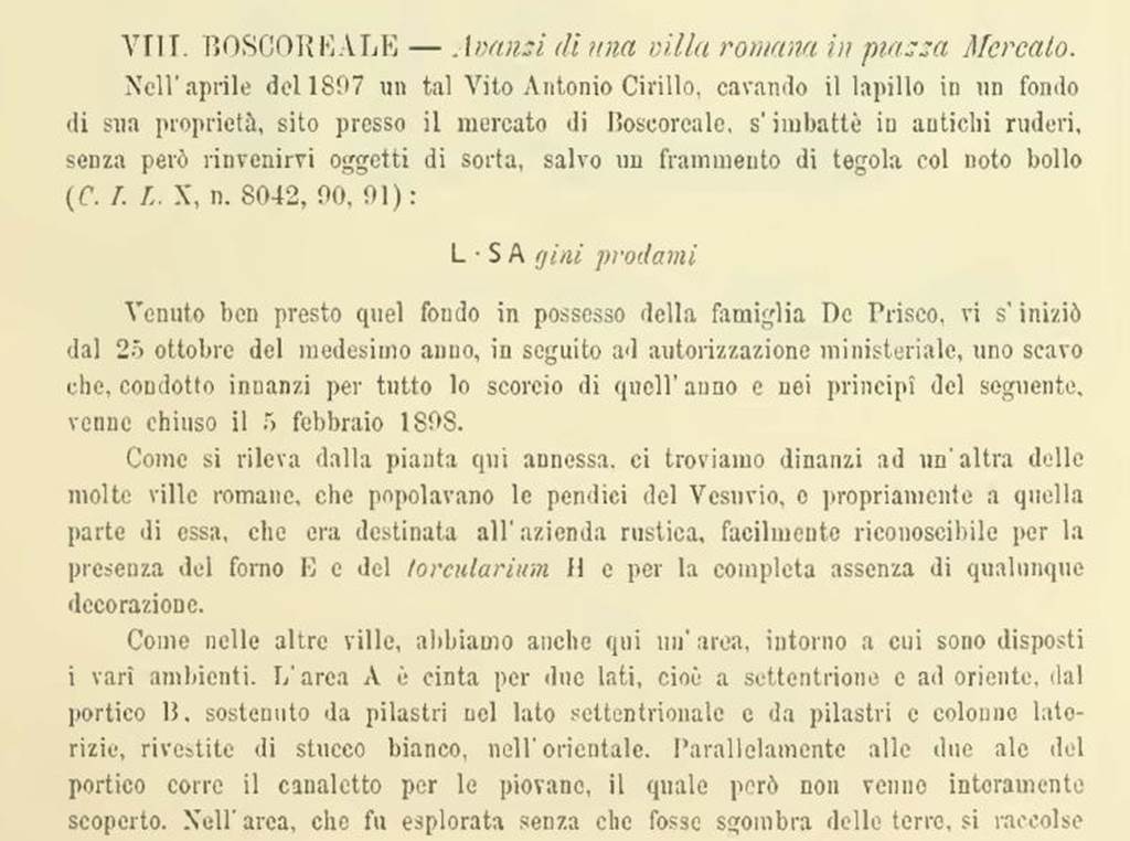 Boscoreale, Villa Rustica in proprietà Cirillo. Notizie degli Scavi, 1898, p.419.