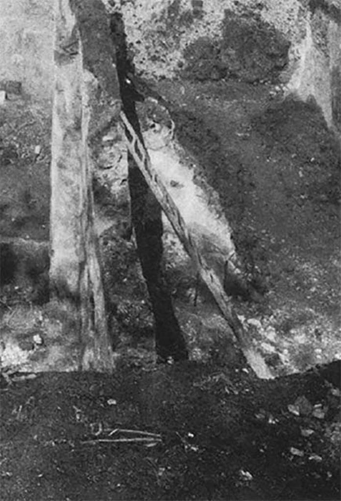 Villa of P. Fannius Synistor at Boscoreale. The excavations during reburial in mid September 1900.
Site of lararium remains in vestibule B. By the ladder are the remains of a lararium.
The west wall towards the lararium had deteriorated. The lararium was found stripped.