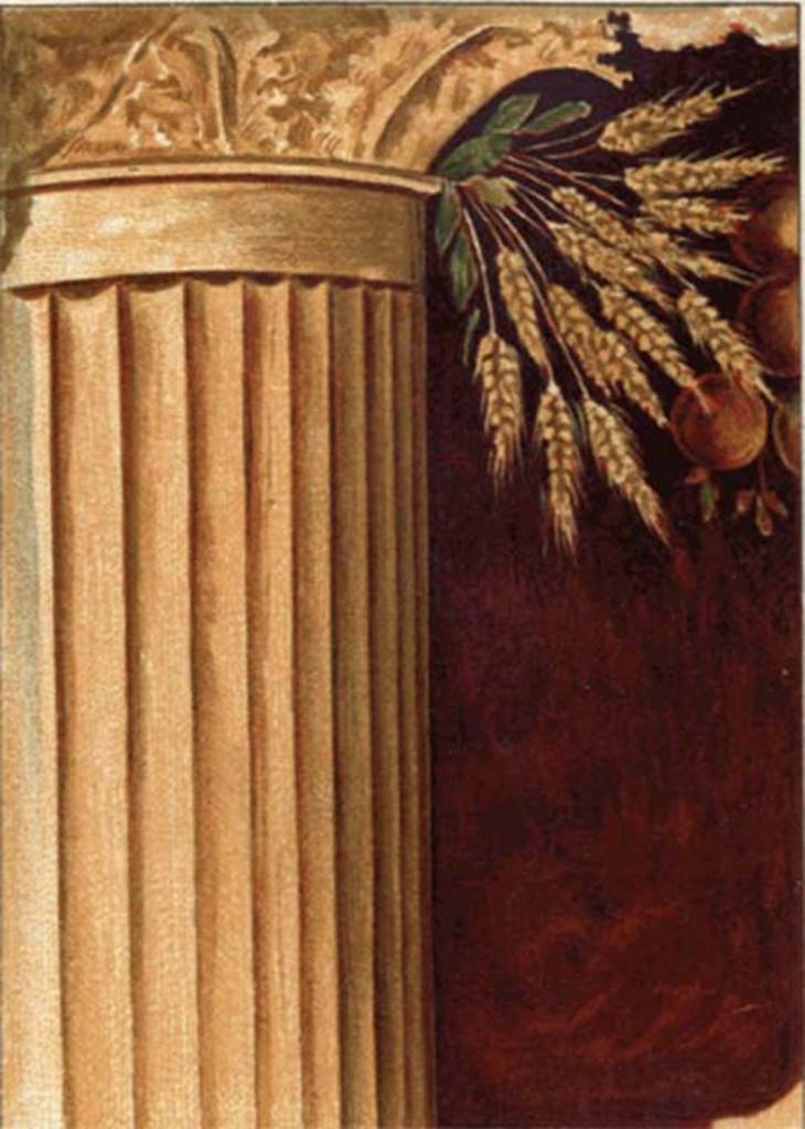 Villa of P Fannius Synistor at Boscoreale. 1903. Peristyle E, south wall east end. Painting, from sale catalogue, of Corinthian column with leaves, wheat and pomegranates. See Sambon A, 1903. Les Fresques de Boscoreale. Paris and Naples: Canessa. pl. V.