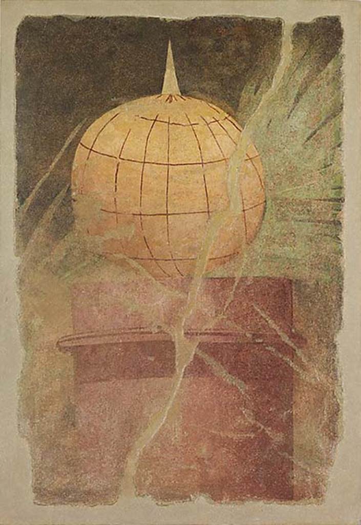 Villa of P Fannius Synistor at Boscoreale. Peristyle E, south wall west end. Painting of globe with gnomon (rod or stylus) on top. Photo © The Metropolitan Museum of Art, Rogers Fund 1903. Inventory number 03.14.2. See www.metmuseum.org