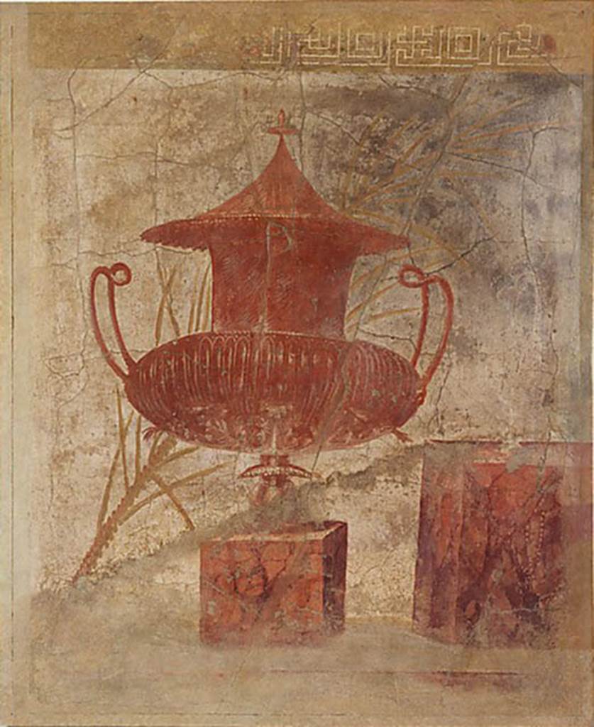 Villa of P Fannius Synistor at Boscoreale. Peristyle E, west end of north wall. Wall painting of vase on a marble block with palm fronds behind. The background was originally black but has faded. Photo © The Metropolitan Museum of Art, Rogers Fund 1903. Inventory number 03.14.3. See www.metmuseum.org. According to Sambon, this panel shows a competition prize, a large vase with two handles and a broad grooved body (plemochoe). It is painted in orange red, on a base imitating reddish marble. Behind is a palm. Right is an other base on which rests a silver Ewer, very elegant form. Length: 1.18m; height: 1.47m. See Sambon A, 1903. Les Fresques de Boscoreale. Paris and Naples: Canessa. 8, p. 9.