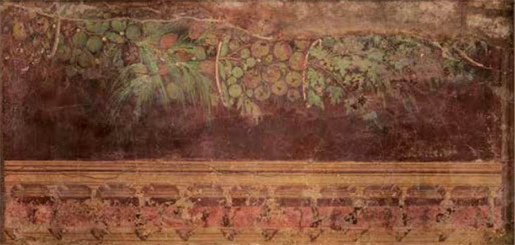 Villa of P. Fannius Synistor at Boscoreale. Peristyle E, west wall. fresco with festoon supported by small wooden hoops. At the bottom is a ledge
with centaurs. Now in Villa Kerylos, Beaulieu-sur-Mer, France.