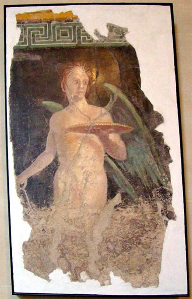 Villa of P Fannius Synistor at Boscoreale. Peristyle E, north wall.
Fresco of winged guardian figure or genius from west side of the doorway to room H.
Now in the Louvre. Inventory number P23.