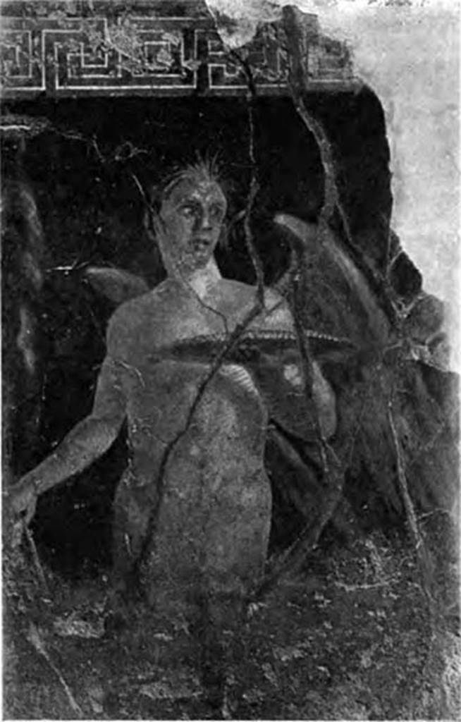 Villa of P Fannius Synistor at Boscoreale. 1900. Peristyle E, north wall.
Fresco of winged guardian figure or genius in the form of young Faun from west side of the doorway to room H.
See Barnabei F., 1901. La villa pompeiana di P. Fannio Sinistore. Roma: Accademia dei Lincei. p.29, Fig. 6.