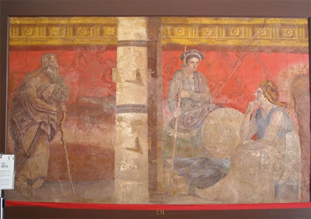 Villa of P Fannius Synistor at Boscoreale. Room H west wall.
On the west wall would have been three panels for paintings, although it would seem the one at the north end was never started.
At the left end, was a painting of an older man, a philosopher, leaning on a stick and looking towards the central panel.
In the central panel, two women were engaged in conversation.
They are thought to be members of the Antigonid family (Antigonos Gonatas and Phila) or personifications of Syria and Macedonia.
Now in Naples Archaeological Museum. Inventory number s. n. 5.
