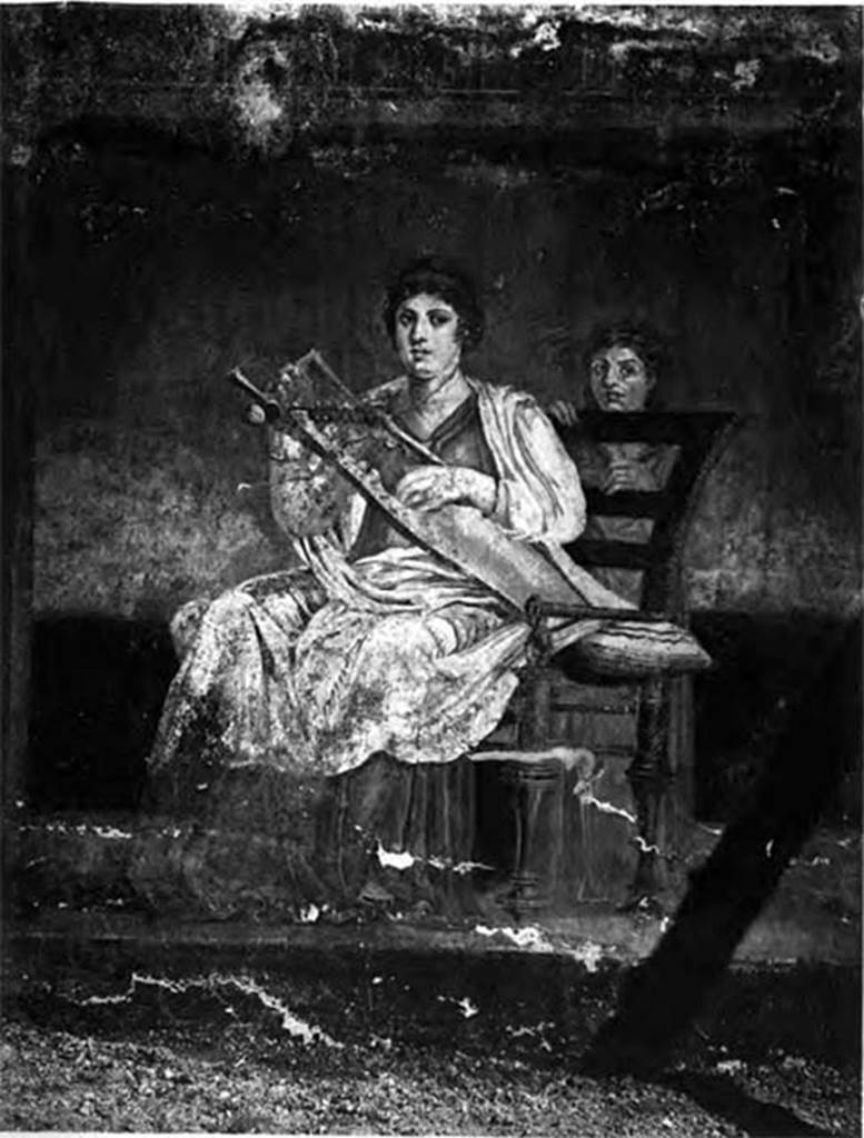Villa of P Fannius Synistor at Boscoreale. Room H, triclinium or oecus, panel at north end of east wall.
On the east wall were three paintings.
Here a seated woman in white and purple garments is playing a golden kithara.
In the central panel, a couple in conversation seated side by side on a throne were painted.
At the south end, was a female painted standing, turning her head upwards to gaze towards the wall with Venus.
See Barnabei F., 1901. La villa pompeiana di P. Fannio Sinistore. Roma: Accademia dei Lincei. p. 55, Tav. V.