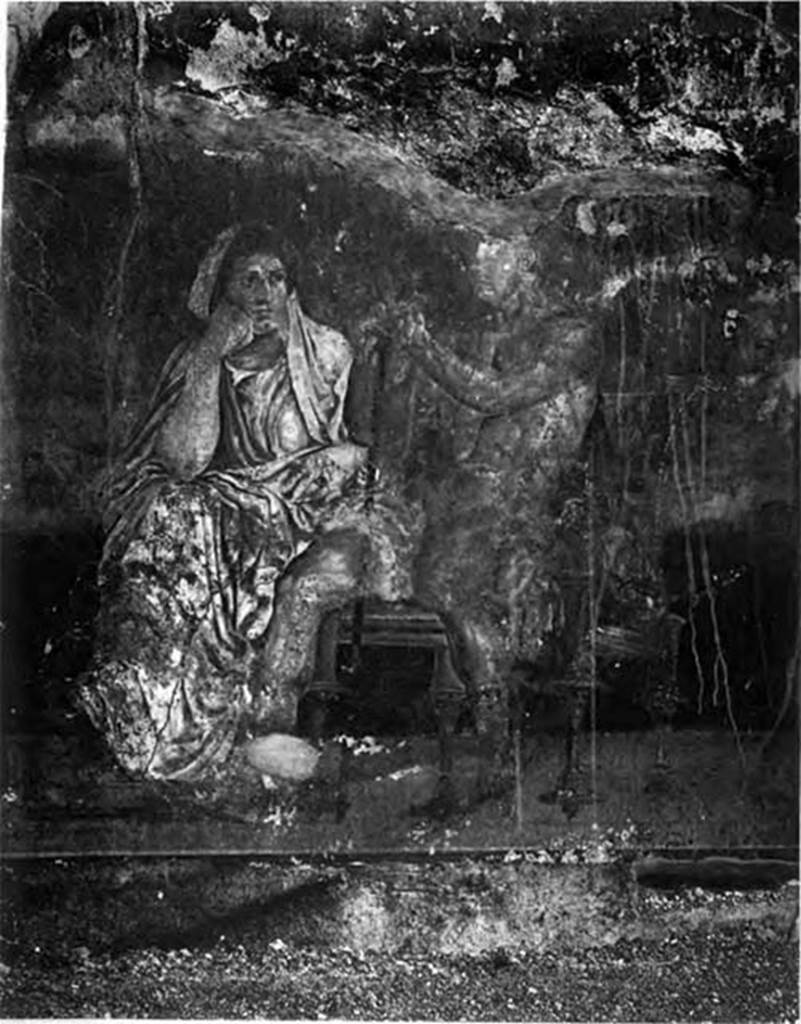 Villa of P Fannius Synistor at Boscoreale. 1900. Room H, panel in situ at centre of east wall.
Man and woman seated side by side on a throne.
It has been suggested they may be Thetis and Achilles, Hercules and Iole or an early Hellenistic ruler and his wife.
See Barnabei F., 1901. La villa pompeiana di P. Fannio Sinistore. Roma: Accademia dei Lincei. p. 56,Tav. VI.