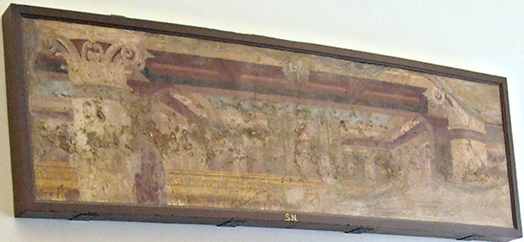 Villa of P. Fannius Synistor at Boscoreale. Room H, north wall, centre top panel.
Painting of architectural scene located just below ceiling level.
The painted columns would have extended from the room ceiling to the floor.
The painting of Venus was immediately below, bounded between the two columns.
See Bergmann B., 2010, in Roman Frescoes from Boscoreale. New York: Metropolitan Museum of Art. Fig. 39.
See Sampaolo V. and Bragantini I., Eds, 2009. La Pittura Pompeiana. Electa: Verona. P. 180-1.
Now in Naples Archaeological Museum. Inventory number s. n. 3.