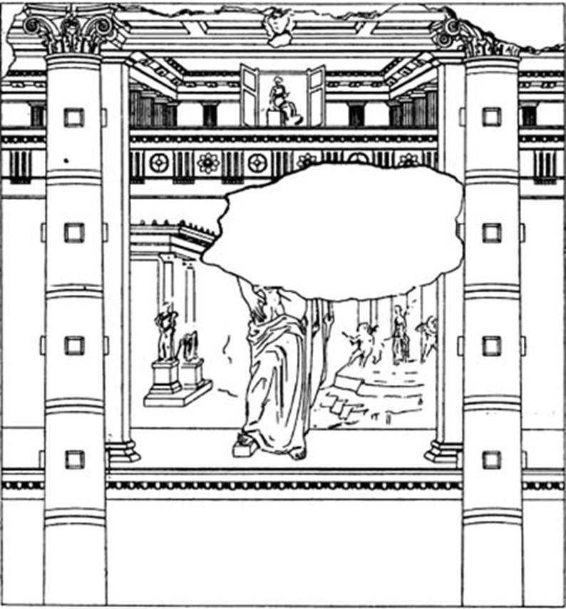 Villa of P Fannius Synistor at Boscoreale. 1900 drawing of room H, north wall, centre panel.
Between the columns is a painting of Venus Genetrix and cupids.
On the wall to the left of Venus, was a painting of Dionysus, sitting abandoned to pleasure, crowned with ivy, a thyrsus in his right hand.
He was in the act of raising his arm to embrace the beautiful Ariadne, sitting on his left side.
It was the representation of the wedding of Dionysus at Naxos.
According to Barnabei, Prof. Sogliano reported that the painting of Dionysus had suffered.
On the wall to the right of Venus were the Three Graces, posing arm in arm in their usual embrace.
According to Barnabei, Prof. Sogliano reported seeing the three women although they were pale and faded.,
See Barnabei F., 1901. La villa pompeiana di P. Fannio Sinistore. Roma: Accademia dei Lincei. p.53, Fig. 11.