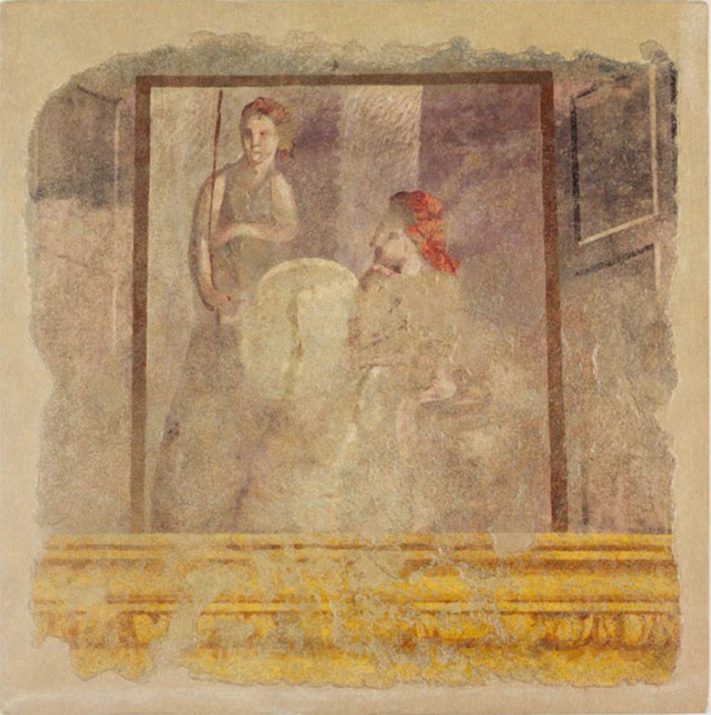 Villa of P. Fannius Synistor at Boscoreale. Room H, fragment of fresco from upper west end of north wall. Photo � The Metropolitan Museum of Art, Rogers Fund 1903.  Inventory number 03.14.9. See www.metmuseum.org According to Sambon, two small paintings were on the cornice of the wall on which were painted the citharist and other figures. He describes one as Bellona [the goddess of war] standing, dressed in a purple tunic, her head covered with a red scarf. 
She holds a spear and a shield. Next to her, a seated woman with a hooded head, is pressing her chin in her hand;. Height: 0.43m; width: 0.42m. See Sambon A, 1903. Les Fresques de Boscoreale. Paris and Naples: Canessa. 24-25, p. 16-17.