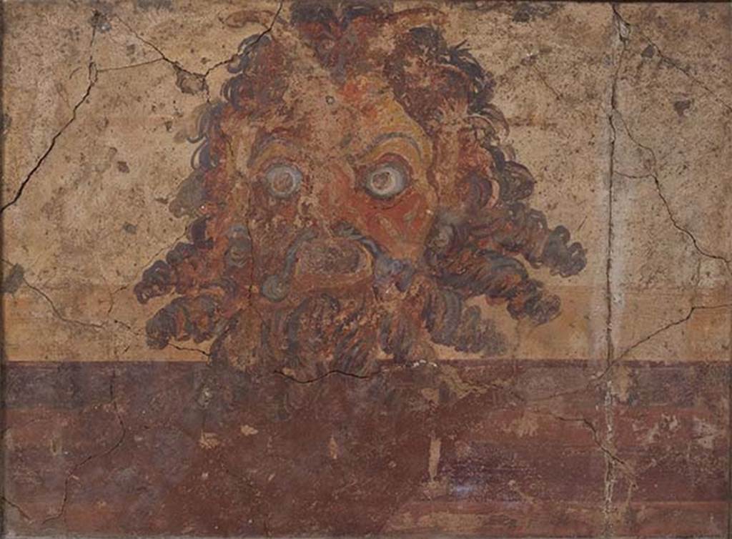 Villa of P. Fannius Synistor at Boscoreale. 1903. Room H, south wall. Fresco of the mask of the god Pan.
Photo © Bayonne, Musée Bonnat-Helleu / cliché A. Vaquero.
Now in Musée Bonnat-Helleu, Bayonne. Inventory number 804.