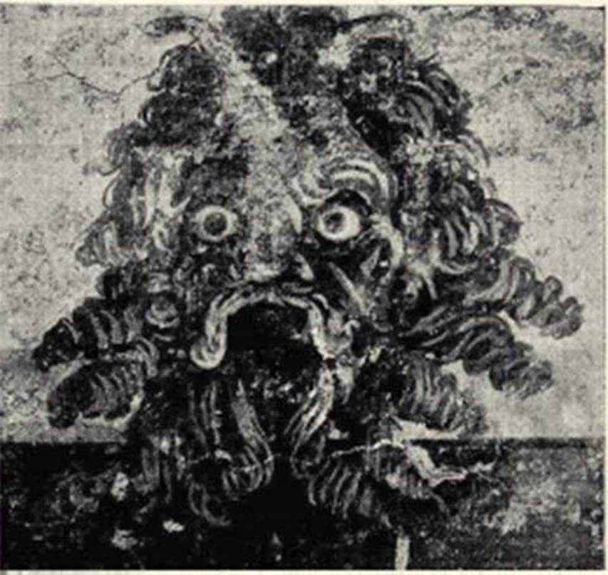 Villa of P. Fannius Synistor at Boscoreale. 1903. Room H, south wall. Mask of the god Pan.
According to Sambon, this mask was painted on the cornice, near the architrave.
Size 0.57m; width: 0.43m high.
See Sambon A, 1903. Les Fresques de Boscoreale. Paris and Naples: Canessa. 23, p. 16.