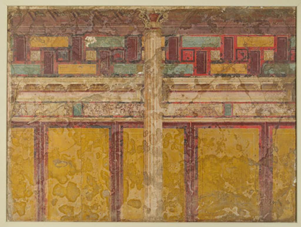 Villa of P. Fannius Synistor at Boscoreale. Dressing room I of the large triclinium, west wall.
Part of the painted architectural decoration from the west wall.
The complete panel measured 2.12m by 3.13m.
Now in the Musées royaux d'art et d'histoire de Bruxelles, Belgium. Inventory number A.1928.
See http://www.kmkg-mrah.be/
