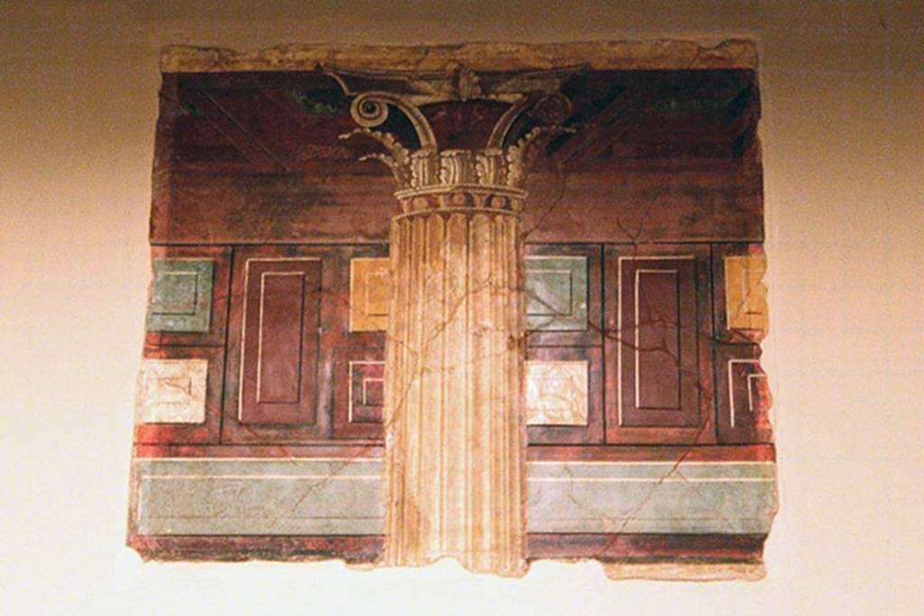 Villa of P. Fannius Synistor at Boscoreale. Dressing room I of the large triclinium.
One of the three pieces detached from the wall. This would appear to be the one illustrated by Sambon in the 1903 cataloge.
See Sambon A, 1903. Les Fresques de Boscoreale. Paris and Naples: Canessa. 26-28 p. 17.
Now in the Musée Royal de Mariemont, Morlanwelz, Belgium.
http://www.musee-mariemont.be/
Photo courtesy of Michel Wal, Wikimedia Commons.
This photo is subject to an Attribution-ShareAlike 3.0 Unported licence.