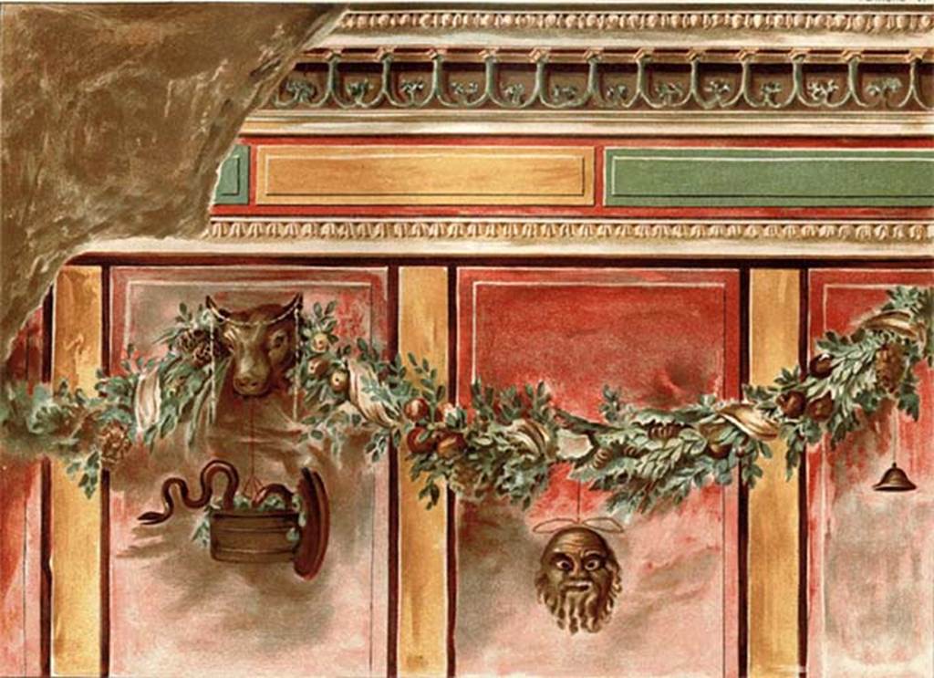 Villa of P Fannius Synistor at Boscoreale. 1903 painting of room L, tablinum, west wall.
According to Sambon, there were four large panels detached in good condition. The decoration was divided into three sections.
a. Cornice: White frieze imitating oval mouldings and lanceolate leaves supported by intertwined stems ending with heads of goats (green on purplish background).
b. An area of yellow and green blocks painted with relief and set on a red background, between two white friezes imitating mouldings, the lower frieze has a row of lanceolate leaves.
c. The main part of the wall to the height of a person, has large red panels, separated by yellow stripes and are outlined with brown. On the central panels are the heads of young bulls, adorned with thin ribbons (infulae). They serve as support for a festoon of greenery with fruit of all kinds (pomegranates, pine cones, clusters of grapes, corn, apples, etc.). In these festoons are wound ribbons which support hanging objects. There is a Dionysian wicker box (Cista) filled with ivy leaves, from which a serpent is escaping; a mask of Silenus, small cymbals, a tambourine adorned with greenery, an eaglet attached by the wings, a tragic mask.
A black base (socle) separated the decoration of the floor which was a white mosaic with light black decor.
Measurements. Height: 1.94 m. length: 2.51 m. - 1.94 m X 2.72 m. - 1.86 m x 1.10 m. - 1.97 m x 1.20 m.
See Sambon A, 1903. Les Fresques de Boscoreale. Paris and Naples: Canessa. 15-18, p. 11, pl. VI.