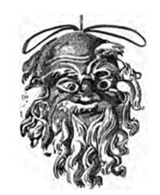 Villa of P Fannius Synistor at Boscoreale. 1900. Room L exedra/tablinum, west wall.
Drawing of mask of Silenus as painted as hanging from one of the garlands.
See Barnabei F., 1901. La villa pompeiana di P. Fannio Sinistore. Roma: Accademia dei Lincei. p.45 Fig. 10.