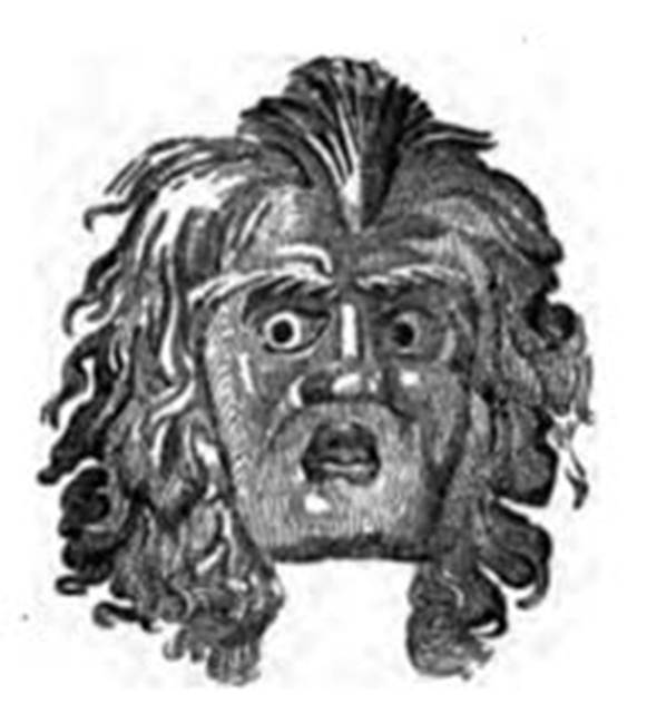 Villa of P Fannius Synistor at Boscoreale Room L, tablinum, rear wall.
Mask painted in the middle of the rear wall in the tablinum.
See Barnabei F., 1901. La villa pompeiana di P. Fannio Sinistore. Roma: Accademia dei Lincei. p.44, Fig. 9.