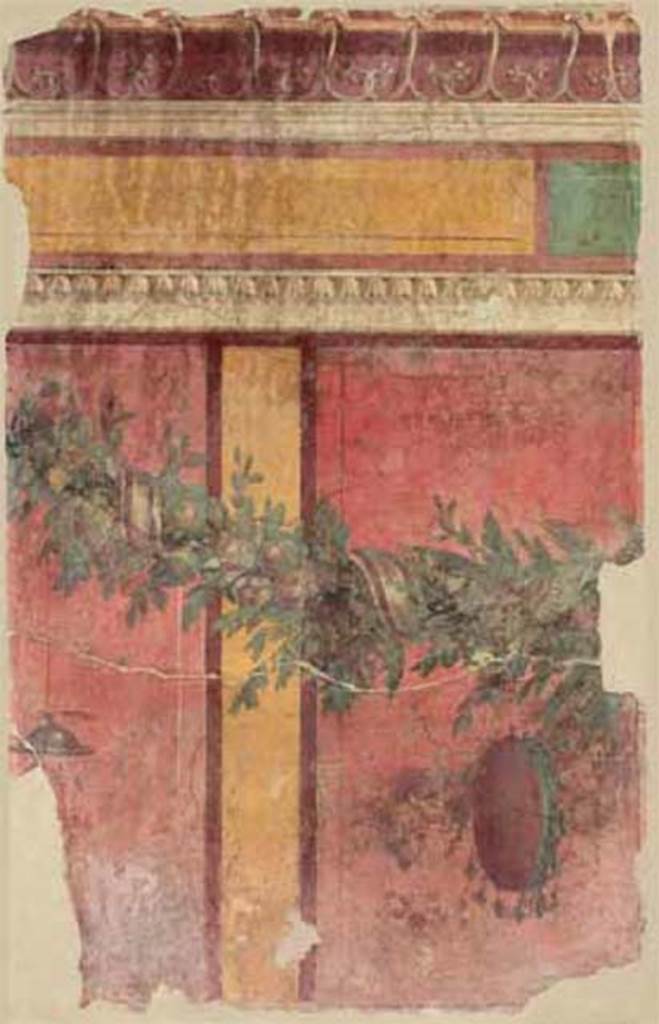 Villa of P. Fannius Synistor at Boscoreale. Room L, tablinum, east wall.
Panel with garland, red panels with yellow dividing bars, yellow and green blocks with cornice above.
The left hand panel has a cymbalum (small cymbal) and a tympanum (tambourine drum) is on the right.
Now in the Musée de Picardie, Amiens, France. See http://amiens.fr/votre_vie_quotidienne/vie_culturelle/musees_damiens/musee_de_picardie.html