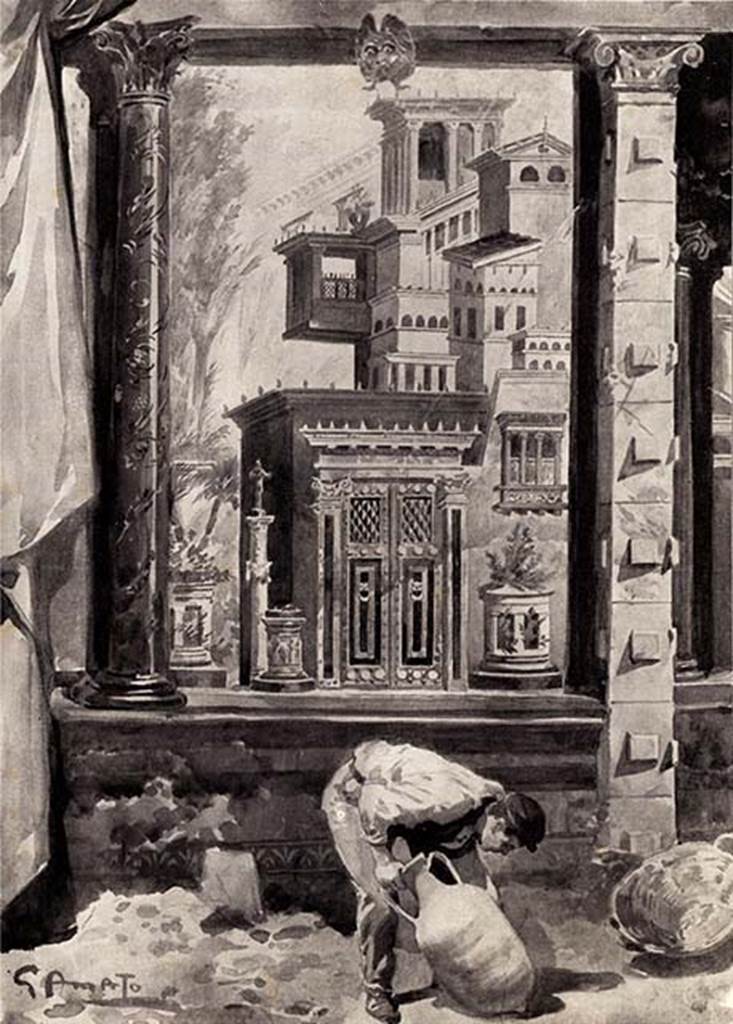 Villa of P. Fannius Synistor at Boscoreale. West wall of cubiculum M. Drawing of excavations published in Illustrated London News, 22nd December 1900. Drawn by G. Amato at the scene of the excavations. Photo courtesy of Drew Baker.