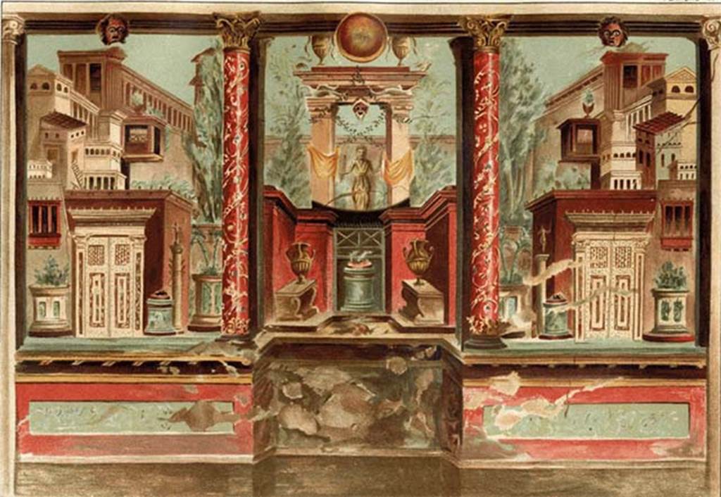 Villa of P Fannius Synistor at Boscoreale. 1903. Room M, cubiculum. East wall. According to Sambon this measured 3.83m by 2.45m. See Sambon A, 1903. Les Fresques de Boscoreale. Paris and Naples: Canessa. pl. X.
