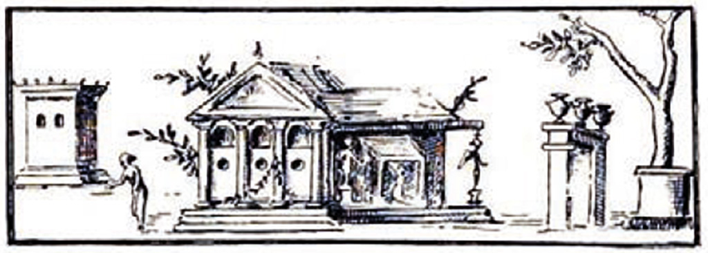 Villa of P. Fannius Synistor at Boscoreale. 1900. Room N, Triclinium ordinario, back wall.
According to Sambon, two panels were detached from the back wall of the triclinium.
They were above a white cornice and a frieze of Tritons, Nereids and Cupids (quick silhouettes on a purple background).
On one of these panels is represented a temple adorned with statues.
To the right is a well built around a tree struck by lightning.
In front of this is an arch topped by three vases; to the left is a woman standing; and behind is a small square monument.
Measurement: 0.72 m X 0.75m.
See Sambon A, 1903. Les Fresques de Boscoreale. Paris and Naples: Canessa. 36, p. 20.
Now in the Musée Royal de Mariemont, Morlanwelz, Belgium. Inventory number R59.
See http://www.musee-mariemont.be/