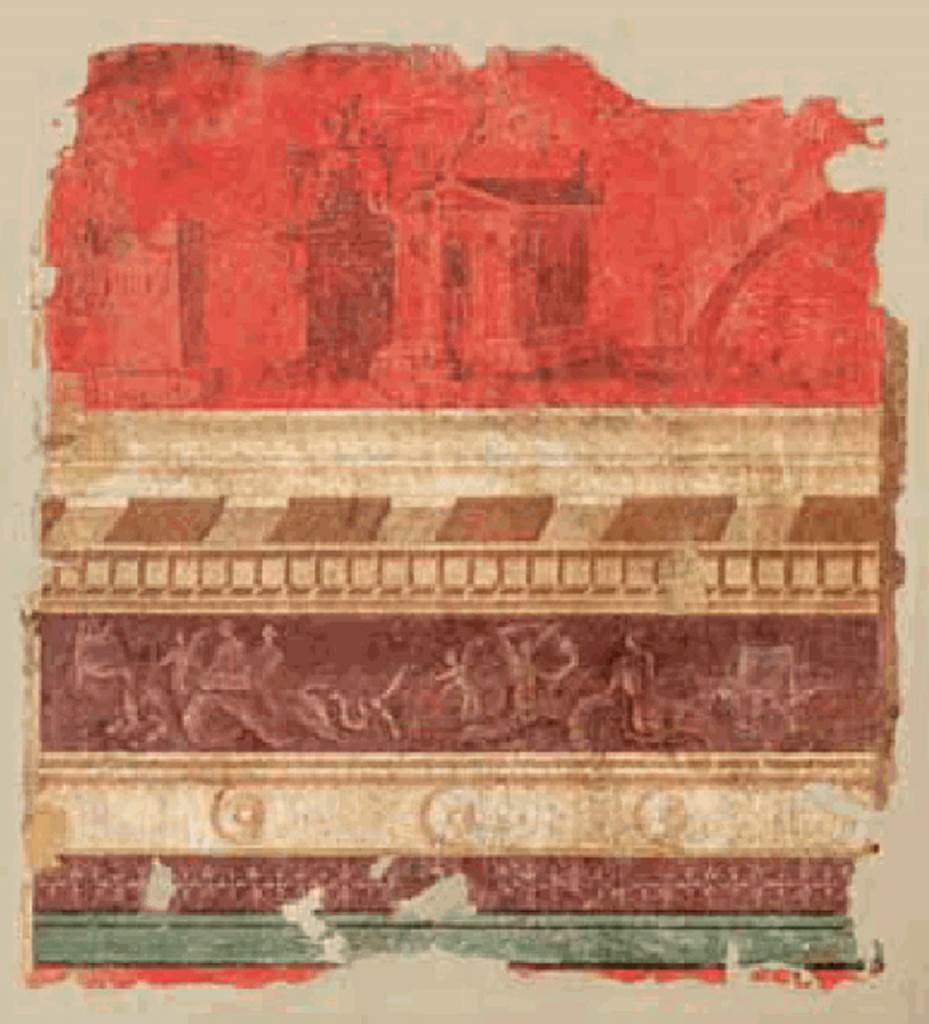 Villa of P. Fannius Synistor at Boscoreale. 1966. Room N, Triclinium ordinario back wall.
According to Sambon, two panels were detached from the back wall of the triclinium.
They were above a white cornice and a frieze of Tritons, Nereids and Cupids (quick silhouettes on a purple background).
On the second panel is a temple surrounded by a portico, next to a small circular structure that resembled a Chinese pagoda.
To the right is a bridge. To the left are ruins.
Measurement 0.72 m X. 0. 79 m.
See Sambon A, 1903. Les Fresques de Boscoreale. Paris and Naples: Canessa. 37, p. 20.
Now in the Musée Royal de Mariemont, Morlanwelz, Belgium. Inventory number R60.
See http://www.musee-mariemont.be/