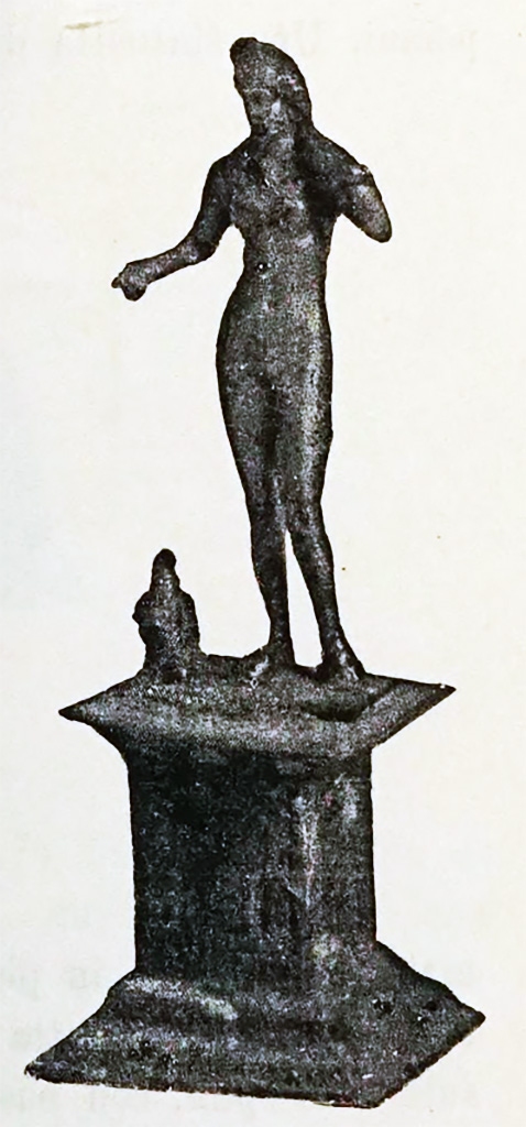 Scafati, Villa rustica detta di Domitius Auctus. 18th March 1899. Room “D”.
A silver statue of Venus Anadyomene, 0.95 tall with the base.
She was crowned with a diadem, standing naked, and nearby was a dove.
It was very well shaped, and the dove was portrayed with ease and precision.
See Notizie degli Scavi di Antichità, 1899, p. 393, fig. 3.