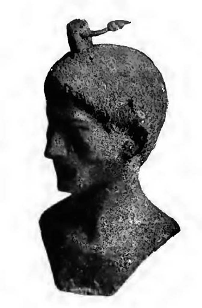 Scafati, Villa rustica detta di Domitius Auctus. 22nd March 1899. Room “D”.
Bronze virile bust, 0.09m tall, well preserved and well-modelled used by the Romans as a steel-yard.
See Notizie degli Scavi di Antichità, 1899, p. 397, fig. 8.