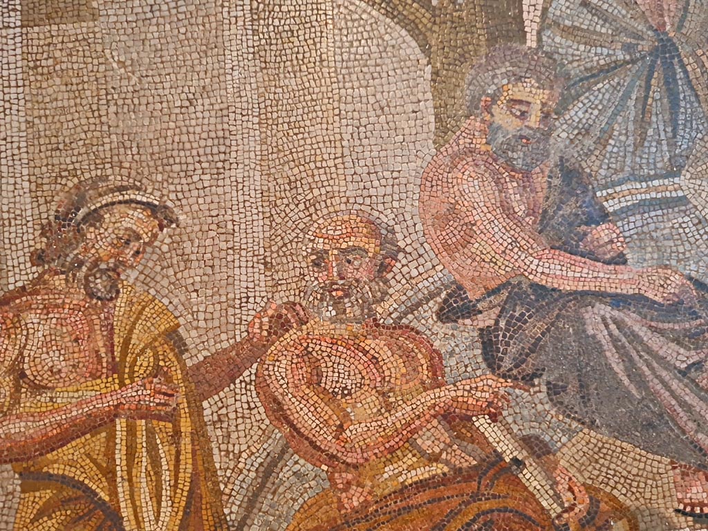 Villa of T. Siminius Stephanus, fondo Masucci-D'Aquino. September 2024. 
Detail from mosaic emblema. Photo courtesy of Giuseppe Ciaramella. 
