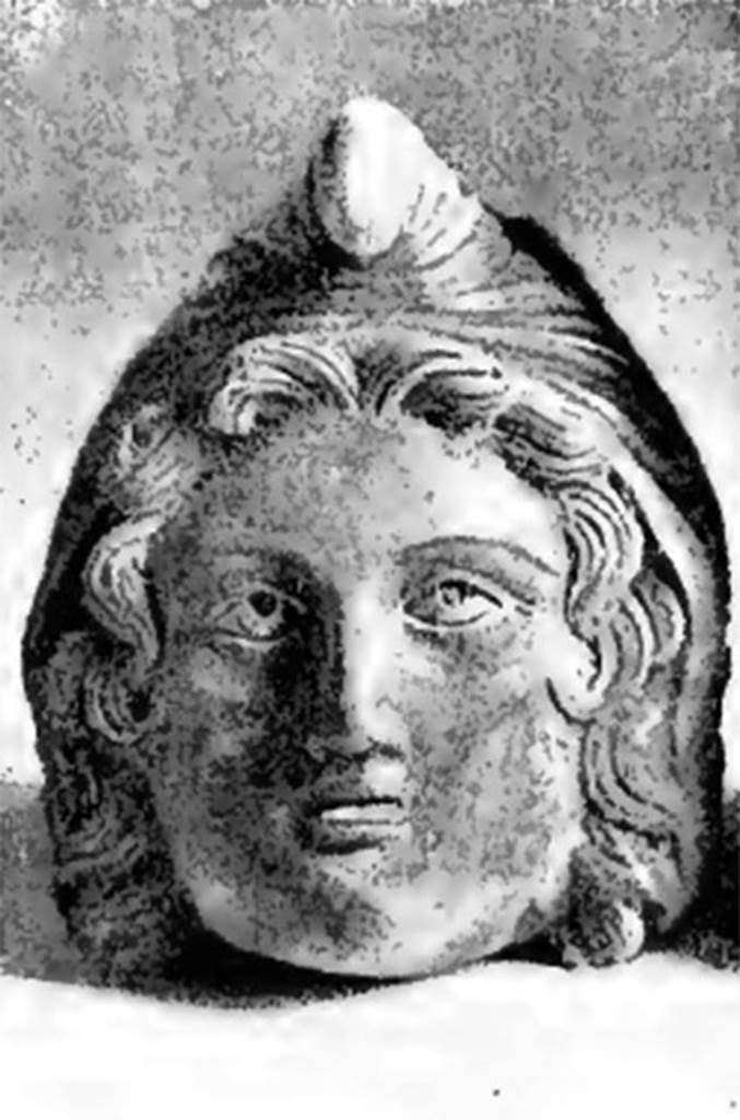 Villa of T. Siminius Stephanus, fondo Barbatelli. November 1899. Front view of the bust of Paris wearing a Phrygian cap. On the 24th day, at a depth of 3.80m, found between the ash layers was a bronze protome of Paris, very well shaped, with Phrygian cap, ringed hair and silver eyes, whose eye-ball was made of glass paste: height 80mm. See Notizie degli Scavi di Antichità, 1899, p439, fig 1b.