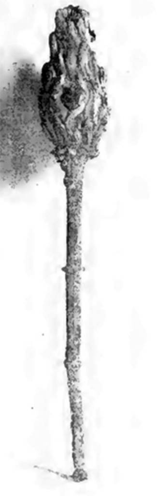 Villa of T. Siminius Stephanus, fondo Barbatelli. 24th November 1899. Found at a depth of 3.80m, found between the ash layers. A lovely lantern in the form of a small torch. The lower part of the handle was movable: length 310mm. See Notizie degli Scavi di Antichità, 1899, p. 441, fig. 3.