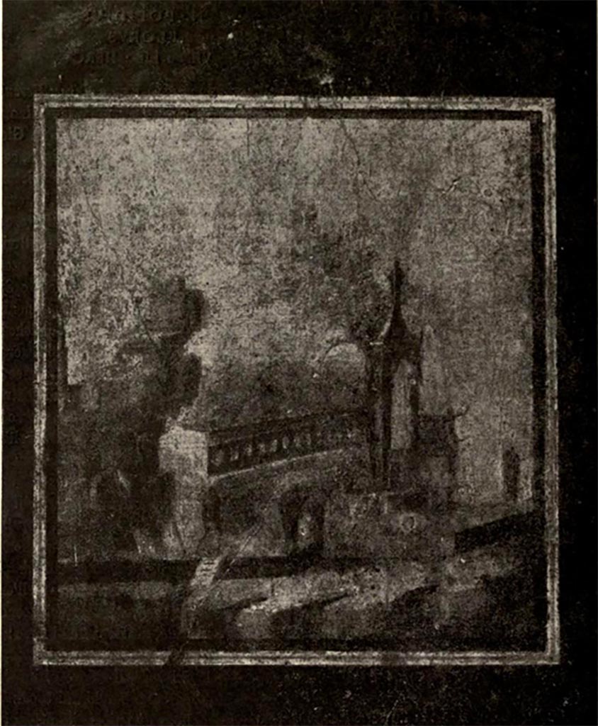 Boscoreale. Villa of Numerius Popidius Florus. Room 4. North or south wall. Sacred landscape painting.
See Notizie degli Scavi di Antichità, 1921, p. 446, fig. 13.