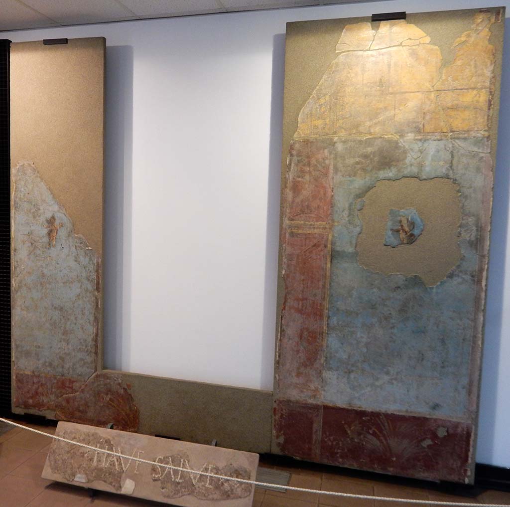 Boscoreale. Villa of Numerius Popidius Florus. Cubiculum 21. Two sections of fourth style north wall. In the foreground is the threshold from frigidarium 7.
The north and south walls were adorned with light architectural perspectives and yellow-red pavilions.
Photo courtesy of Buzz Ferebee. Now in Boscoreale Antiquarium.
Photo courtesy of Buzz Ferebee. Now in Boscoreale Antiquarium.
See Garcia y Garcia L., 2017. Scavi Privati nel Territorio di Pompei. Roma: Arbor Sapientiae, p. 403, fig. 242.
