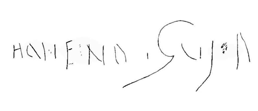 Boscoreale. Villa of Numerius Popidius Florus. Calidarium. Graffito of Honeno Guia (?) as recorded in C.I.L with note: “Dedi ex apographo meo quod ut potui delineavi” I gave from my pen what I drew as well as I could.
See Corpus Inscriptionum Latinarum Vol. IV, Supp 2, Part 2, 1909. Berlin: Reimer, p. 722, CIL IV 6901.