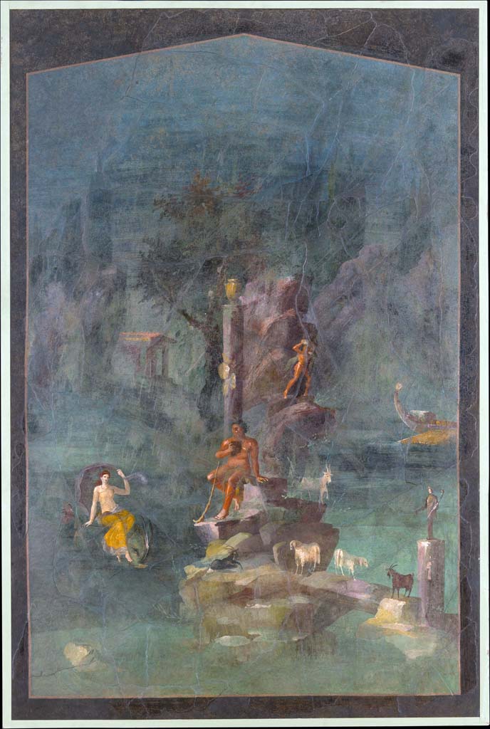 Villa of Agrippa Postumus Boscotrecase. Mythological room 19, cubiculum.
Wall painting of Polyphemus and Galatea.
© Metropolitan Museum New York. Rogers Fund, 1920. Inventory number 20.192.17.
This fresco combines two separate events in the life of the monstrous Cyclops, Polyphemus.
In the foreground, he sits on a rocky outcrop tending his goats.
The Cyclops holds his panpipes in his right hand as he gazes at the beautiful sea nymph Galatea, with who he is hopelessly in love.
In the upper right part of the fresco, Polyphemus is depicted hurling a boulder at Odysseus and his companions, who have just blinded the Cyclops.
Odysseus' ship is seen sailing away at the far right.