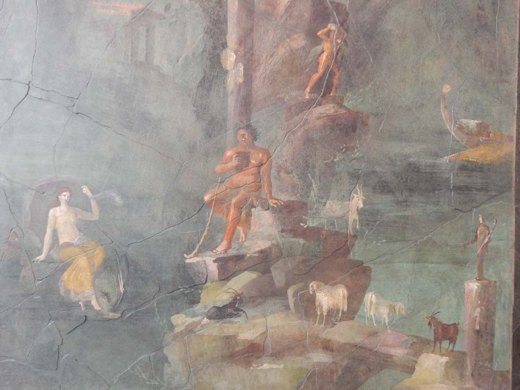 Villa of Agrippa Postumus, Boscotrecase. January 2018. Room 19, detail of wall painting of Polythemus and Galatea.
Photograph taken at Metropolitan Museum New York. Photo courtesy of Buzz Ferebee.