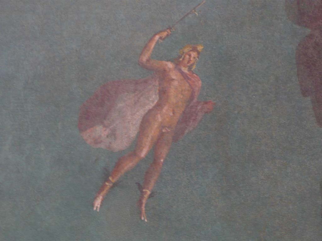 Villa of Agrippa Postumus, Boscotrecase. December 2010. Room 19, detail of Perseus, with lyre, winged shoes and cloak over shoulder.
Photograph taken at Metropolitan Museum New York. Photo courtesy of Buzz Ferebee.