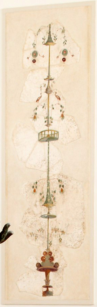 Villa of Agrippa Postumus, Boscotrecase. Room 20, The white room.
Side panel from east wall decorated with metal stems with branches and flowers, green leaves, and birds.
© Metropolitan Museum. Rogers Fund. Inventory number 20.192.9.