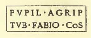 The tile provenanced (ex figlinis) Pupil(li) Agrip(pae) Tub(erone) et Fabio Co(n)s(ulibus