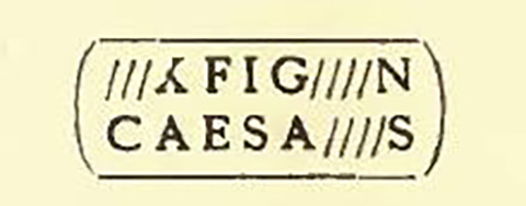 Scafati. Contrada S. Abbondio, Fondo Cipriano. Anfora vinaria
Bollo: e(x) f́g(li)n(is) Caesa[ri}s, chiuso in una cornicetta dagli angoli arrotondati.