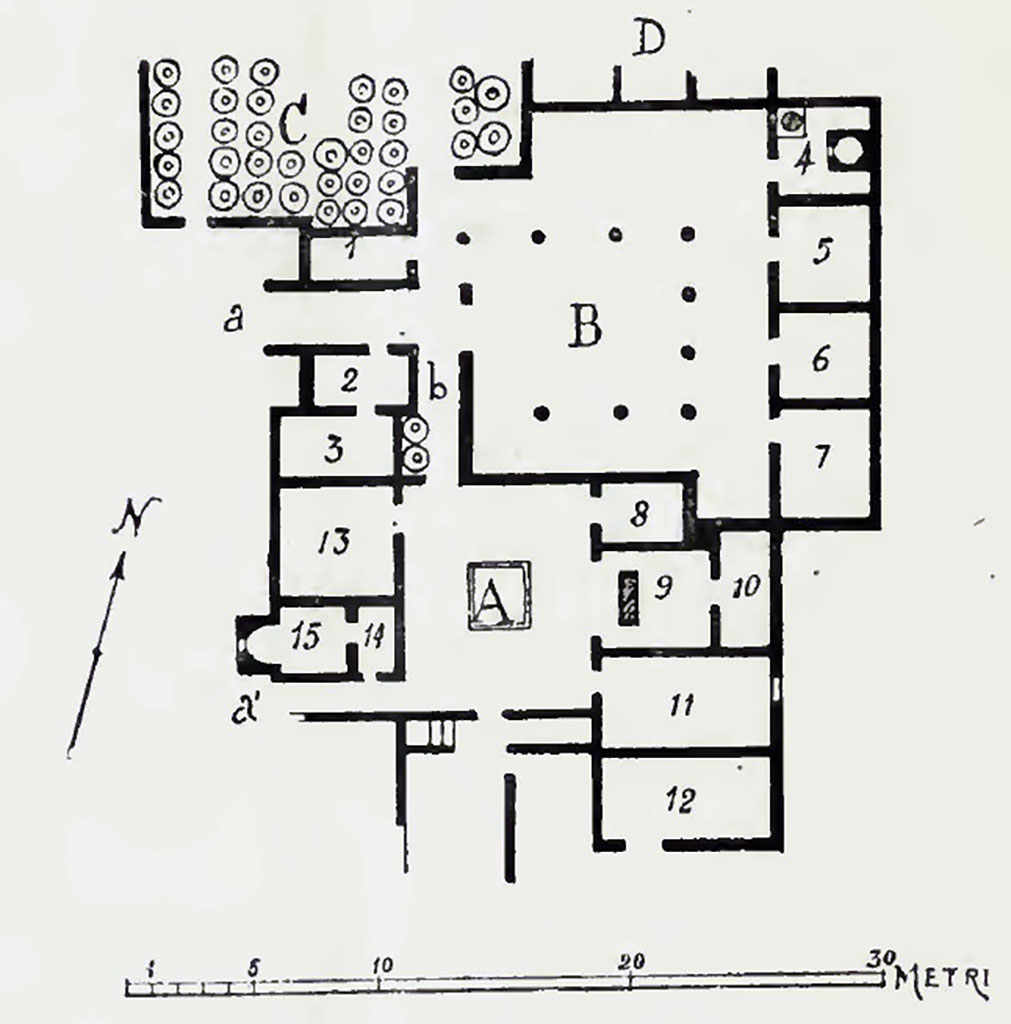 Pompeii. Villa rustica in contrada Messigno proprietà Giacomo Matrone. 1923 plan from NdS.
See Notizie degli Scavi di Antichità, 1923, p. 272, fig. 1.