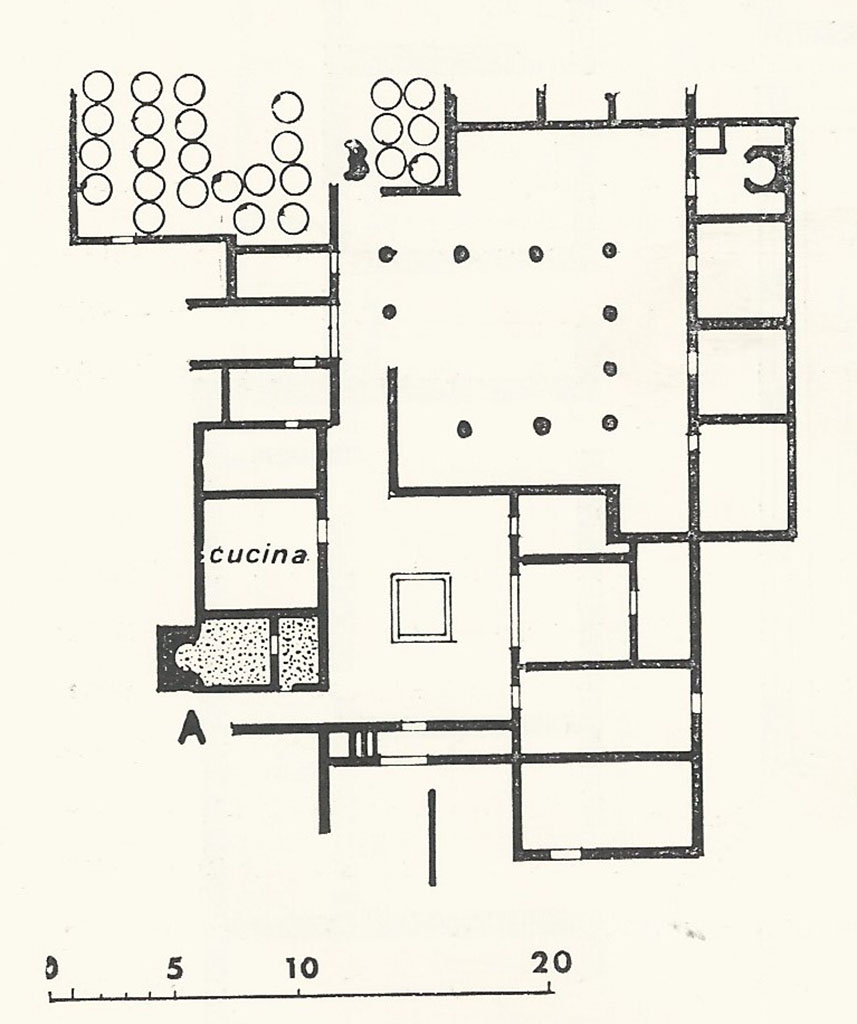 Pompeii. Villa rustica in proprietà Giacomo Matrone. 1976. Plan by Fabbricotti. With entrances at A and B and baths with floors highlighted.
Note Fabbricotti calls this the Villa Rustica Messigna-Gramagno.
See Fabbricotti, E., 1976. I bagni nelle prime ville romane: Cronache Pompeiane, 2, p. 46-7, fig. 12.