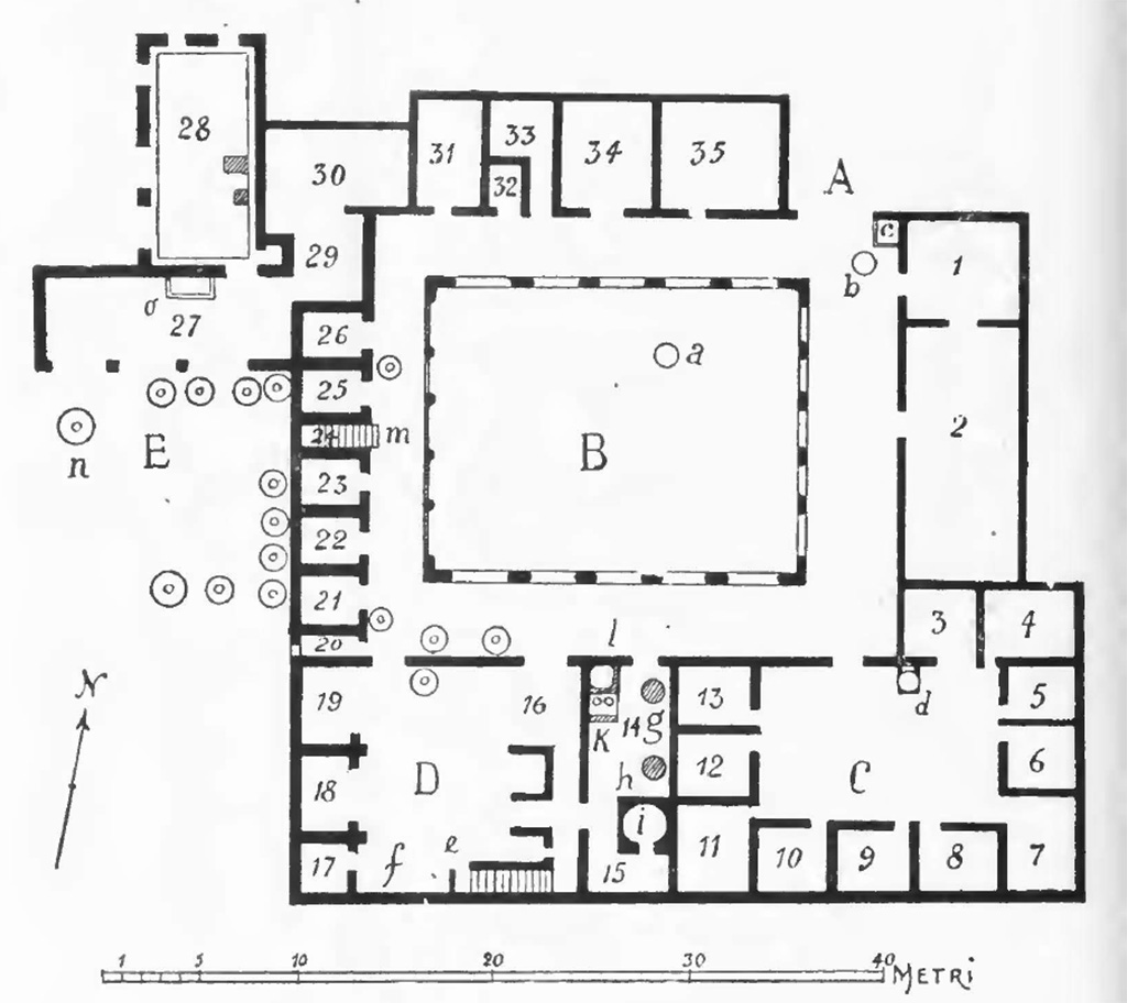 Pompeii. Villa rustica in proprietà Agnello Marchetti. 1923 plan from NdS.
See Notizie degli Scavi di Antichità, 1923: p. 276, fig. 3.