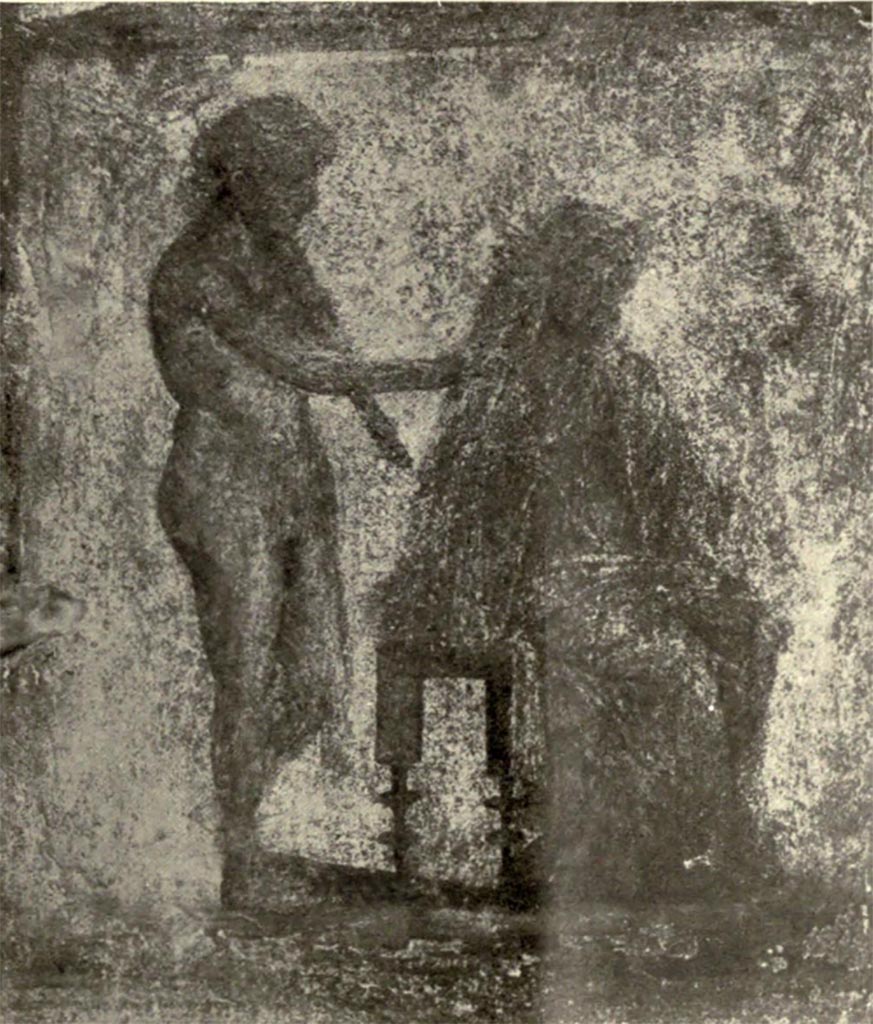 Scafati. Villa Rustica in Fondo Matrone, Contrada Spinelli. Cubiculum “no.3”: Painting of Hercules and Omphale,
See Notizie degli Scavi di Antichità, 1923, Fasc. III tav. lett. c.
The original fresco is now in Rhode Island School of Design - Museum. Inventory number 38.058.10.
See Garcia y Garcia L., 2017. Scavi Privati nel Territorio di Pompei. Roma: Arbor Sapientiae, no. 50, p. 368, fig. 198, note 406.
See Winkes, R., 1982. Roman Paintings and Mosaics: Catalogue of the Classical Collection. RISD Museum of Art, Providence R.I., p. 52, no. 22.