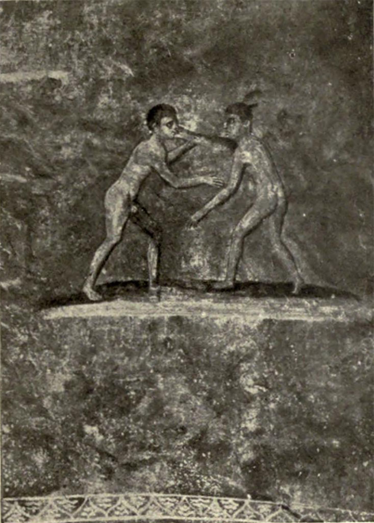 Scafati. Villa Rustica in Fondo Matrone, Contrada Spinelli. Caldarium "no.6": a pair of naked wrestlers.
See Notizie degli Scavi di Antichità, 1923, Fasc. III tav. lett. a.