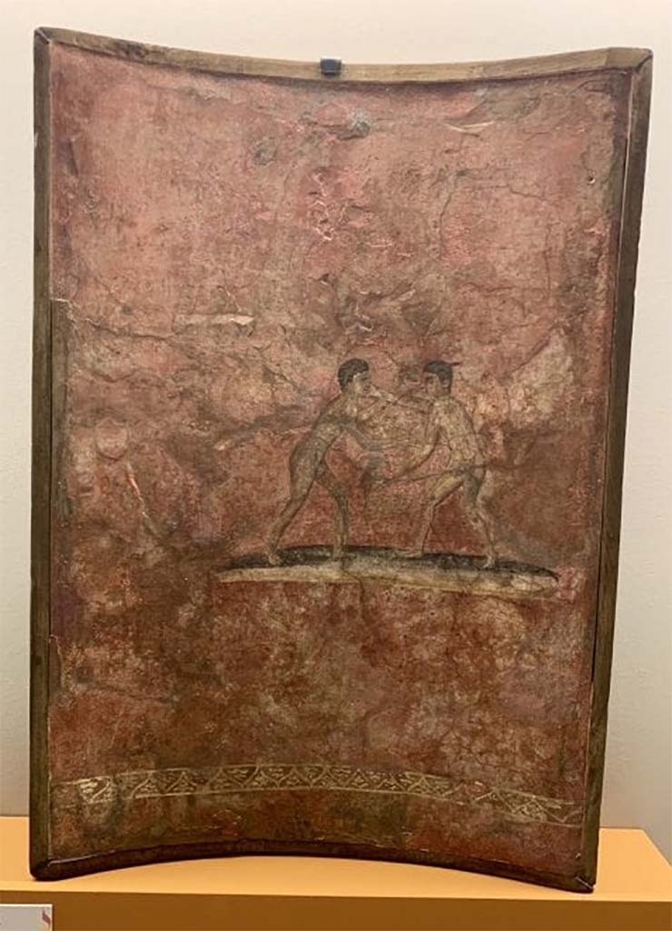 Scafati. Villa Rustica in Fondo Matrone, Contrada Spinelli. Caldarium "no.6". Curved panel with a pair of naked wrestlers.
Now in Naples Archaeological Museum. Inventory number 134059.
Bianca Maiuri describes the painting and attributes it to this villa.
See Maiuri, B., 1950. Ludi Ginnico - Atletici a Pompei: in Pompeiana, Raccolta di Studi per il secondo centenario degli scavi di Pompei. Napoli: Gaetano Macchiaroli, p. 180, no. 22 and note 3.
