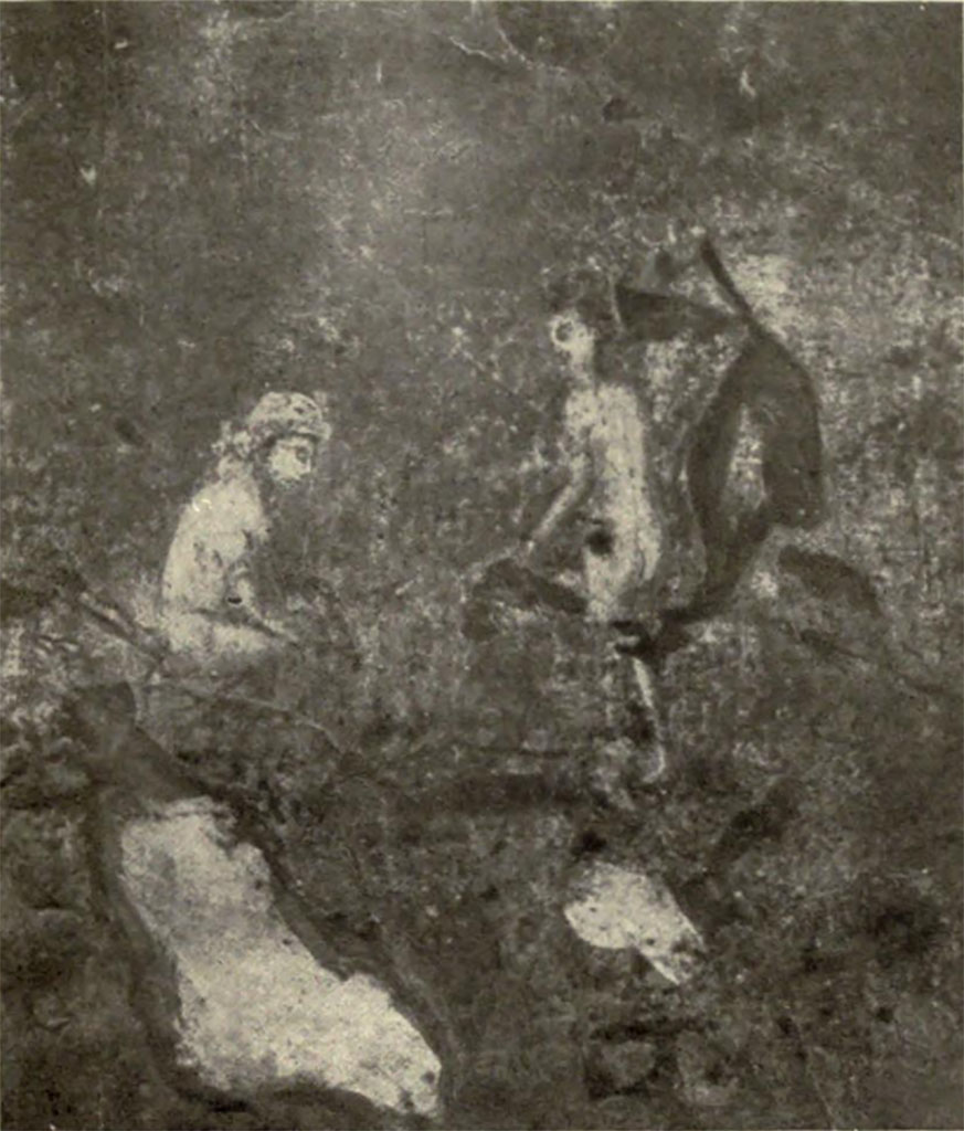 Scafati. Villa Rustica in Fondo Matrone, Contrada Spinelli. Caldarium "no.6": Bathers.
A naked matron has white cap on her head and big ring on her right arm, with their feet in a circular metal tray, performing their ablutions with the assistance of a servant, also naked, who holds a cloth.
See Notizie degli Scavi di Antichità, 1923, Fasc. III tav. lett. b.