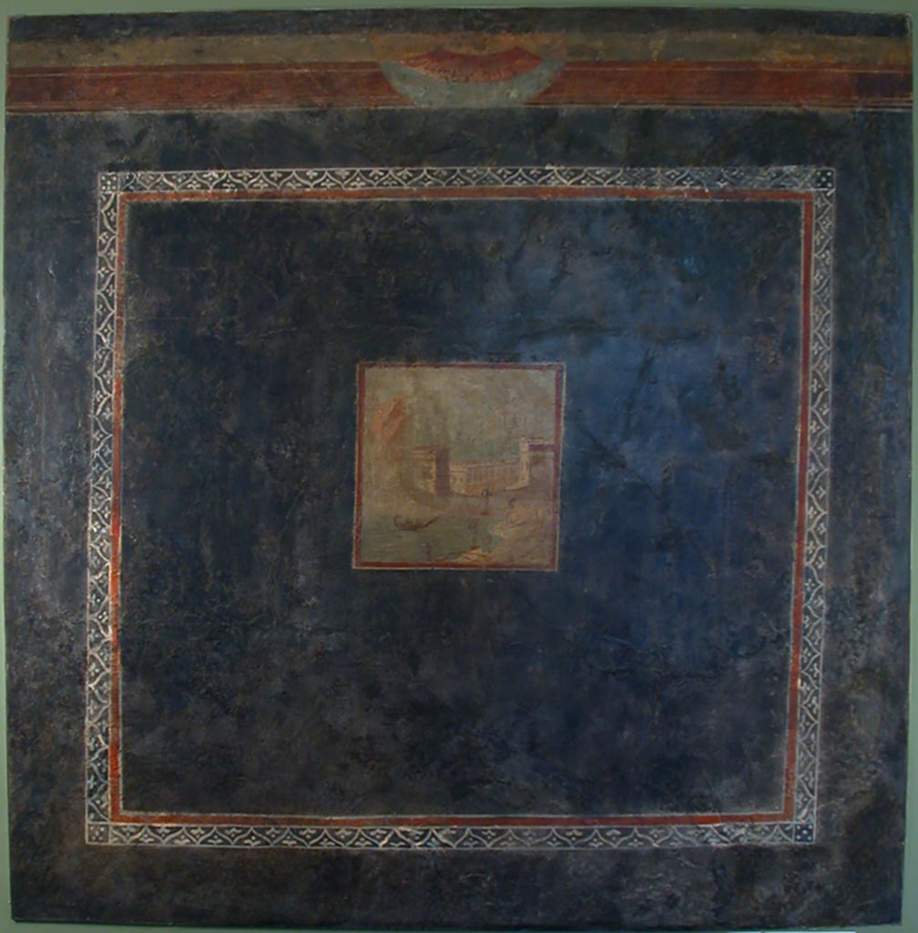 Scafati. Villa Rustica in Fondo Matrone, Contrada Spinelli. Cubiculum 9. Wall panel with landscape.
Photo courtesy of Rhode Island School of Design - Museum. Inventory number 38.058.9.
See Garcia y Garcia L., 2017. Scavi Privati nel Territorio di Pompei. Roma: Arbor Sapientiae, no. 50, p. 370, fig. 206a.
See Winkes, R., 1982. Roman Paintings and Mosaics: Catalogue of the Classical Collection. RISD Museum of Art, Providence R.I., p. 56-7, no. 27.