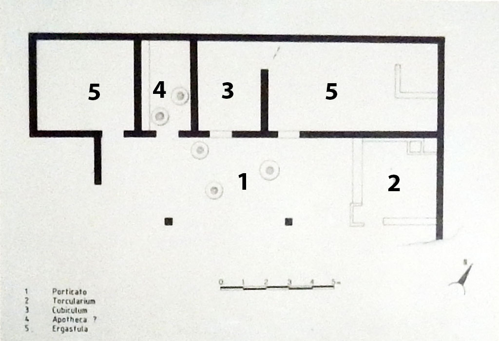 Villa Rustica di Marcus Livius Marcellus. May 2018. Plan on display in Boscoreale Antiquarium
Photo courtesy of Buzz Ferebee.
Key:
1: Portico area
2: Torcularium or pressing room
3: Cubiculum or bedroom
4: Apotheca or storeroom
5: Ergastula or slave prison or workhouse