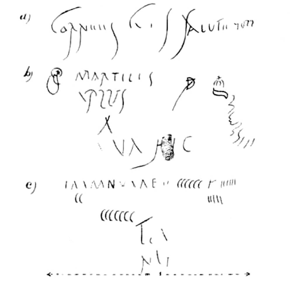 Villa Rustica di Marcus Livius Marcellus. 1928 drawing of graffiti found in the torcularium.
a. Cornelius (Suis?) Salute(m)
b. Marti(a)lis
…a plus D….
X
uva hic
c. In manu uvae p(ondo) CCCCCC K IIIIII
CC
CCCCCCC
Te.. a…..
N
This latter seems to give an overall account of the grapes arrived at the press in a wine campaign.
See Notizie degli Scavi di Antichità, 1929, p. 181-2, fig. 3.